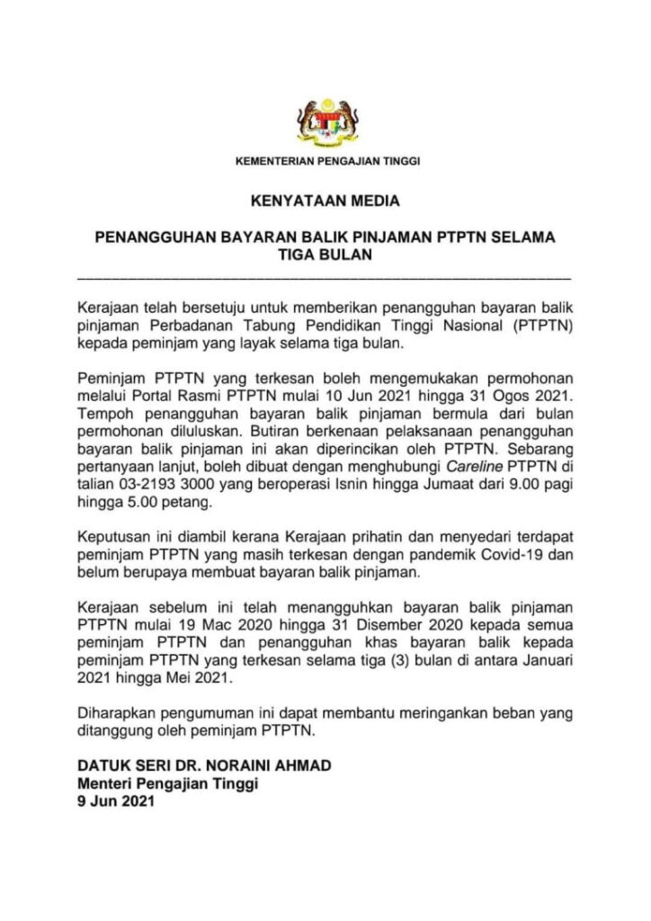kenyataan rasmi permohonan penangguhan bayaran PTPTN pkp 3.0 moratorium ptptn