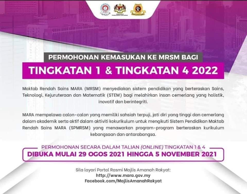 Permohonan MRSM 2022 Online Tingkatan 1 & 4